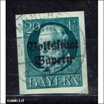 BAYERN--Mi 121 II B. Überdruck Volksstaat Bayern Prachtstempel
