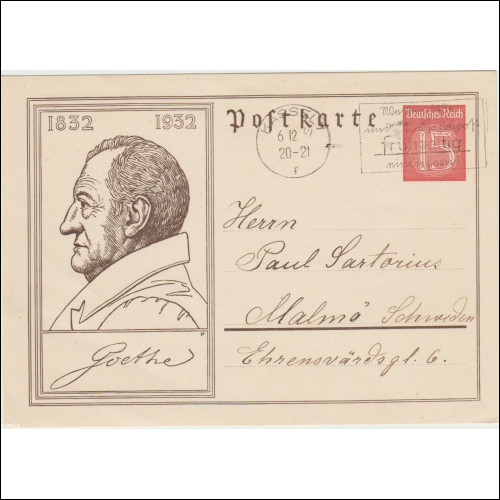 DR 1932 Postkarte Goethe gestempelt --alsolute Rarität --